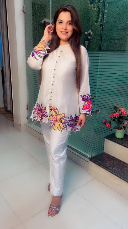 Off-White Chanderi Silk Patch Worked Co-Ord Set (CS004)