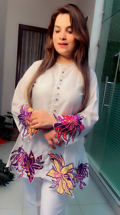 Off-White Chanderi Silk Patch Worked Co-Ord Set (CS004)