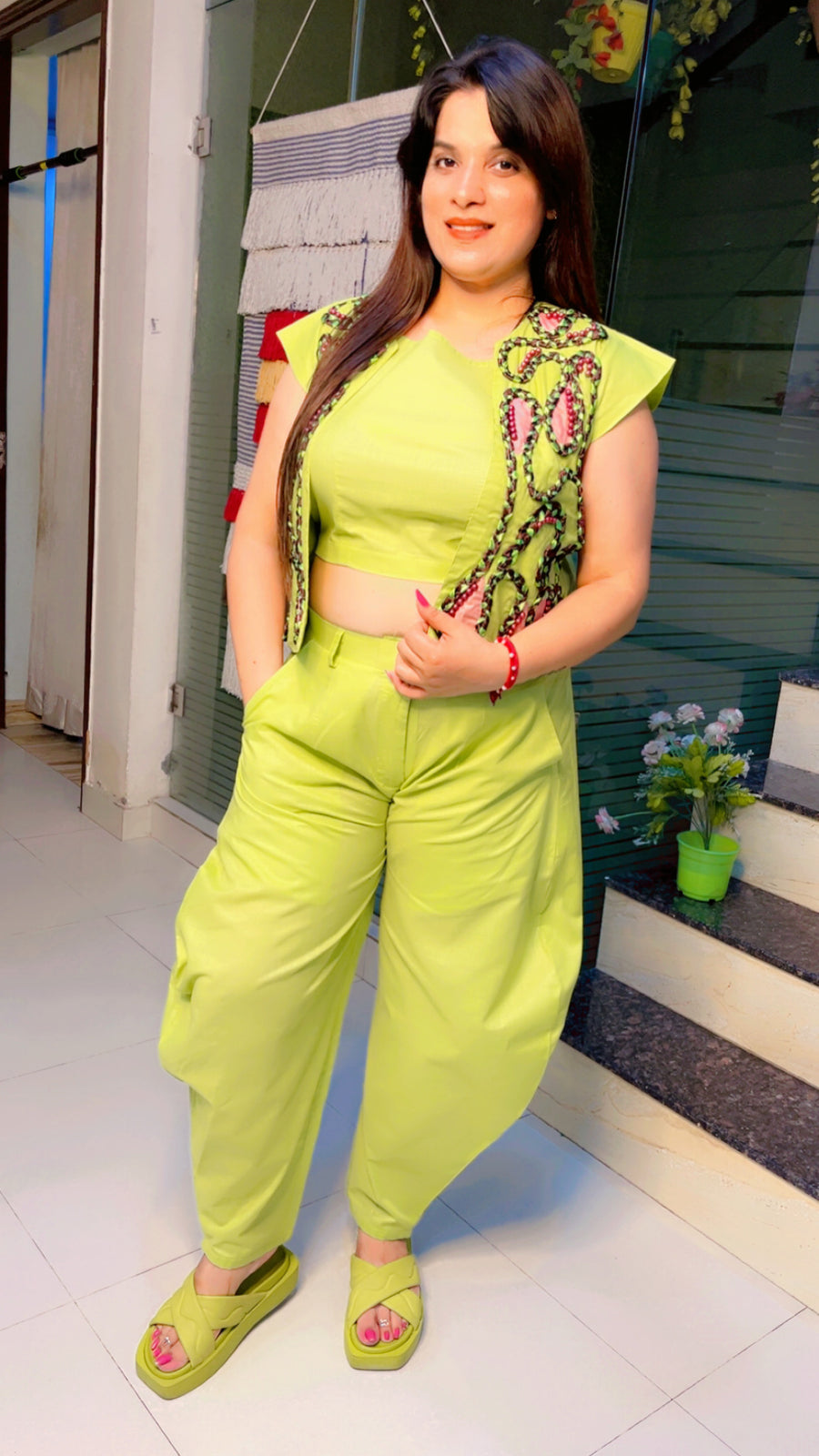 Light Green Cotton 3-Piece Braided Jacket Co-Ord Set (CS001)