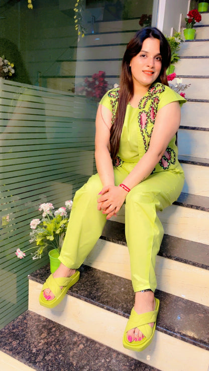 Light Green Cotton 3-Piece Braided Jacket Co-Ord Set