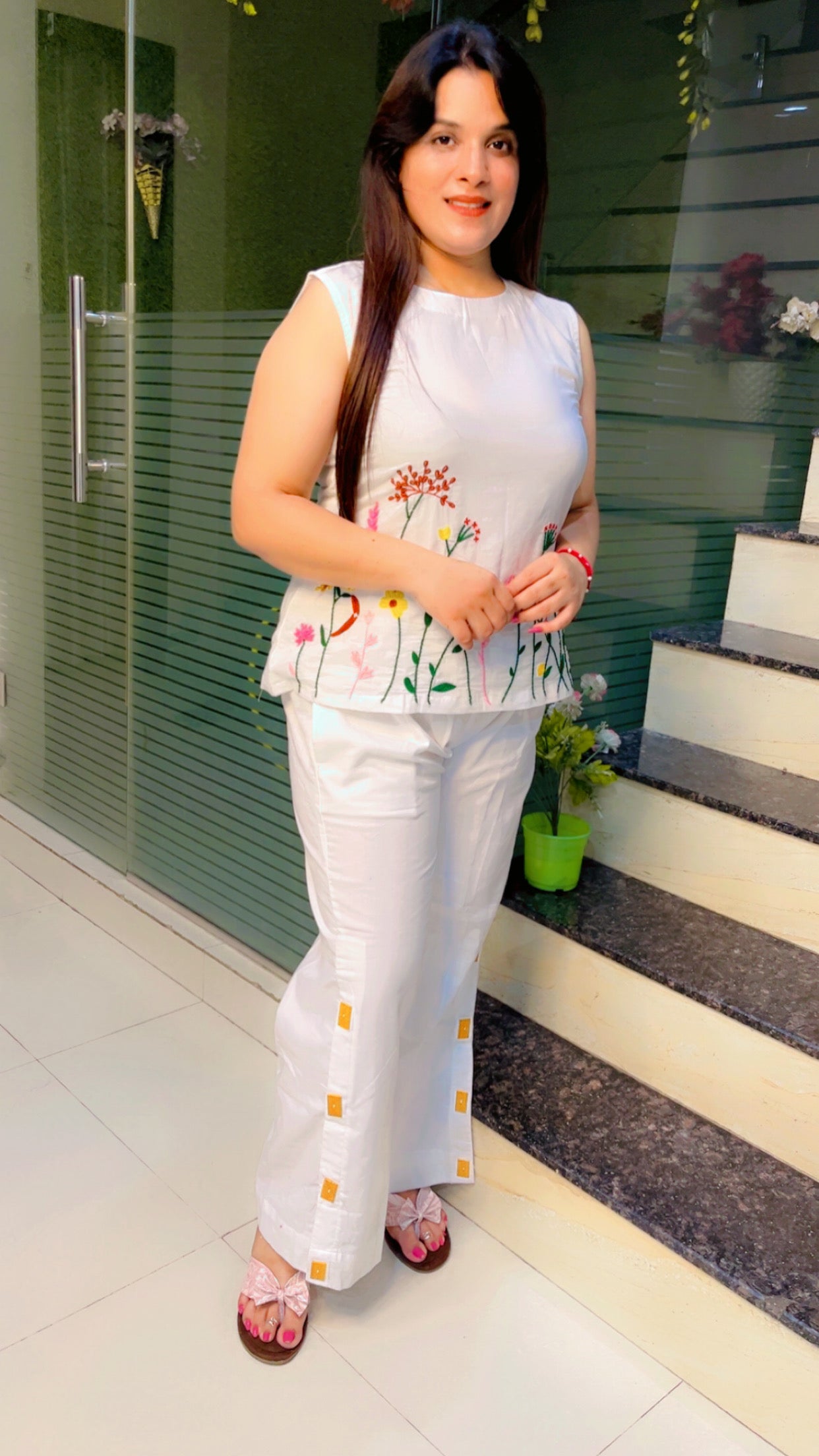 White Thread Embroidered Cotton Co-Ord Set