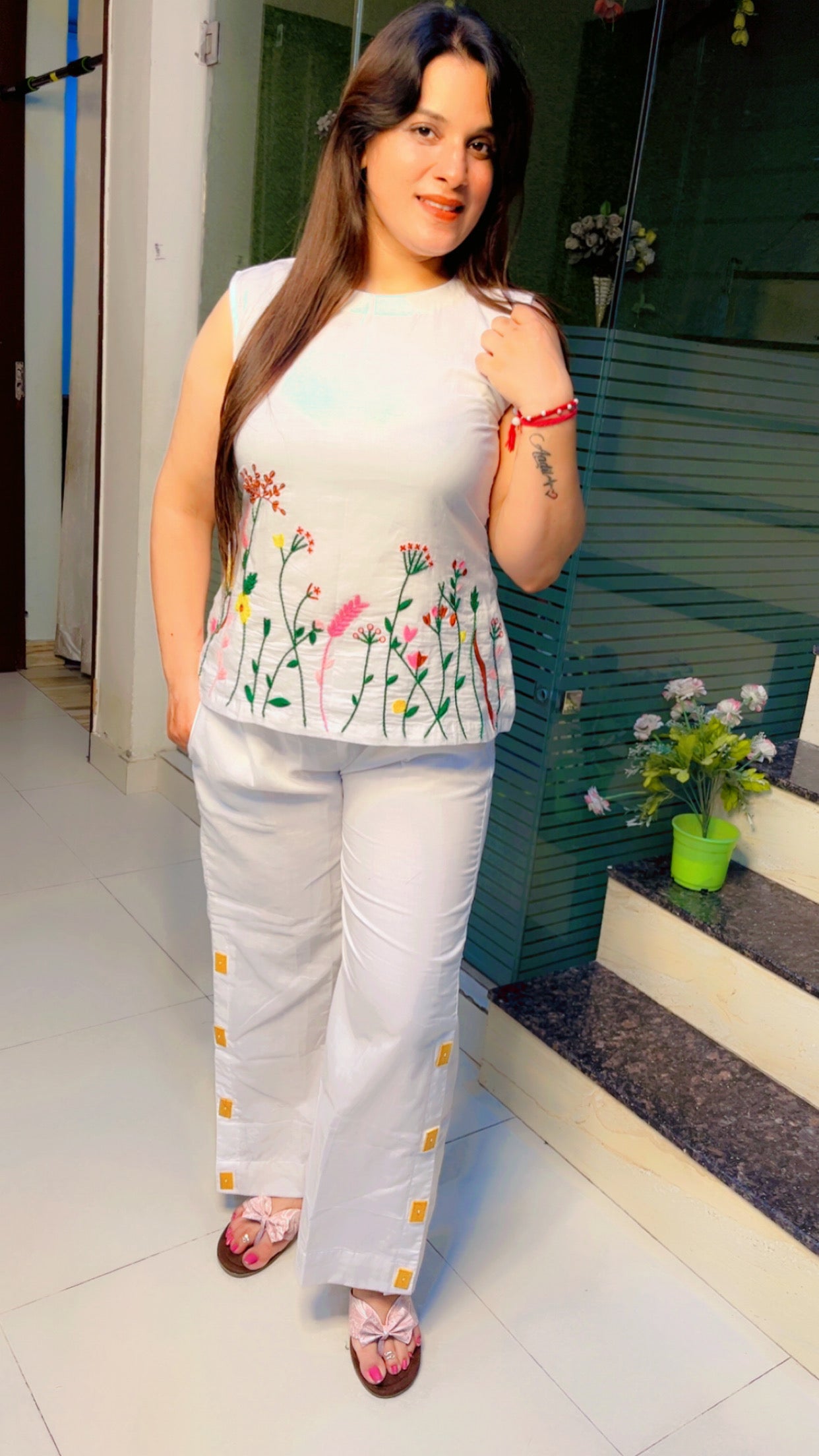 White Thread Embroidered Cotton Co-Ord Set