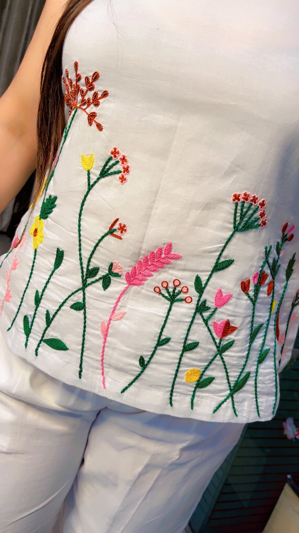 White Thread Embroidered Cotton Co-Ord Set