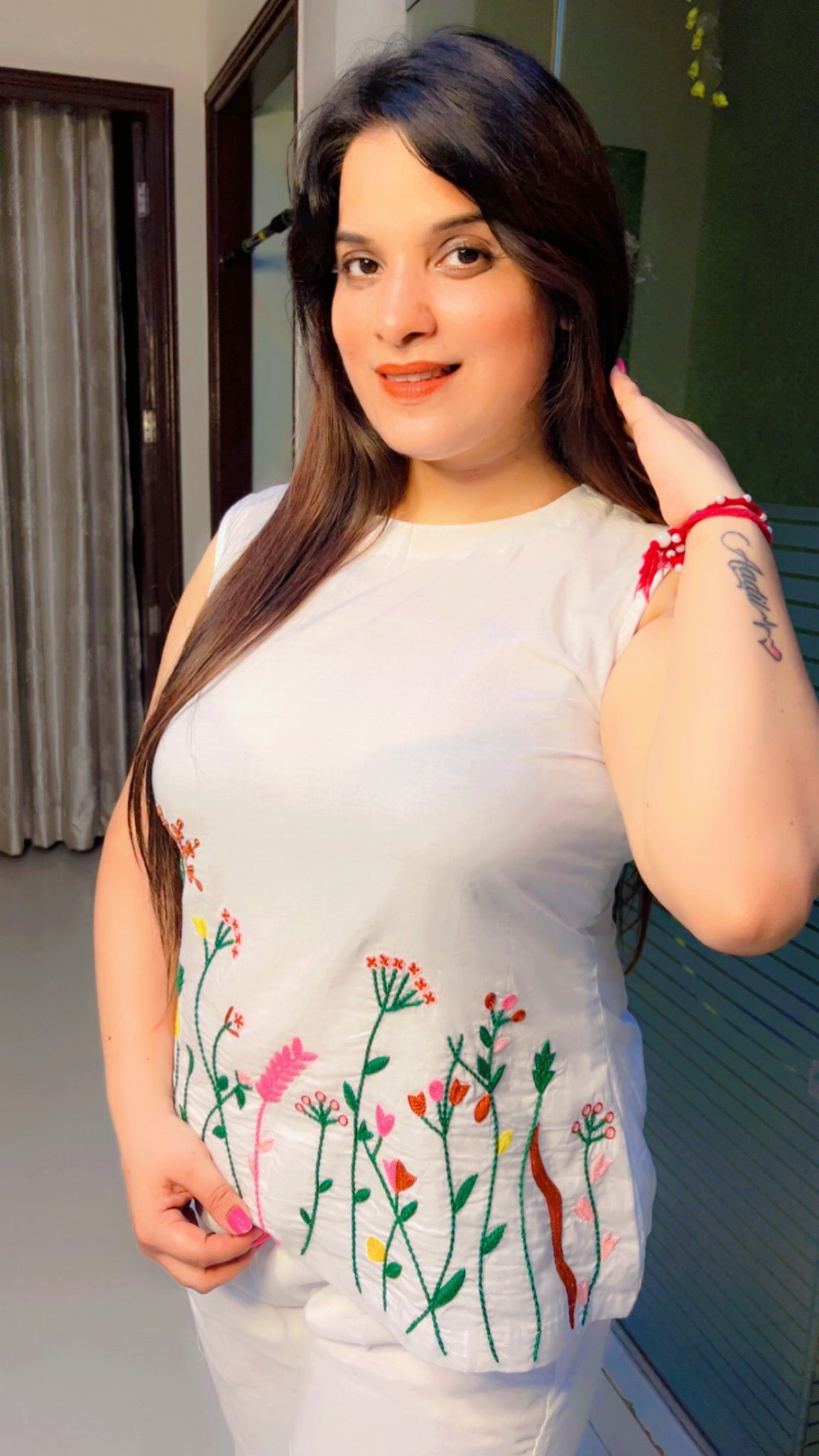 White Thread Embroidered Cotton Co-Ord Set