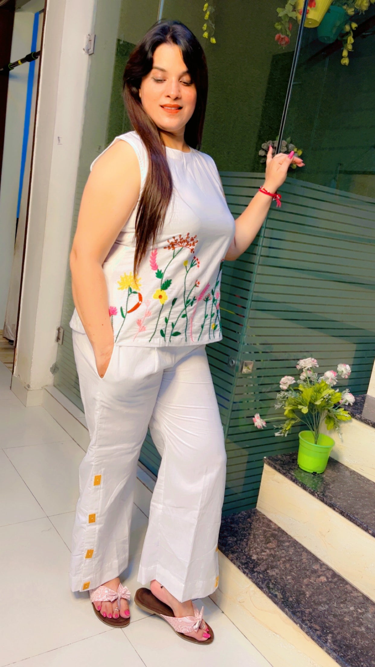 White Thread Embroidered Cotton Co-Ord Set