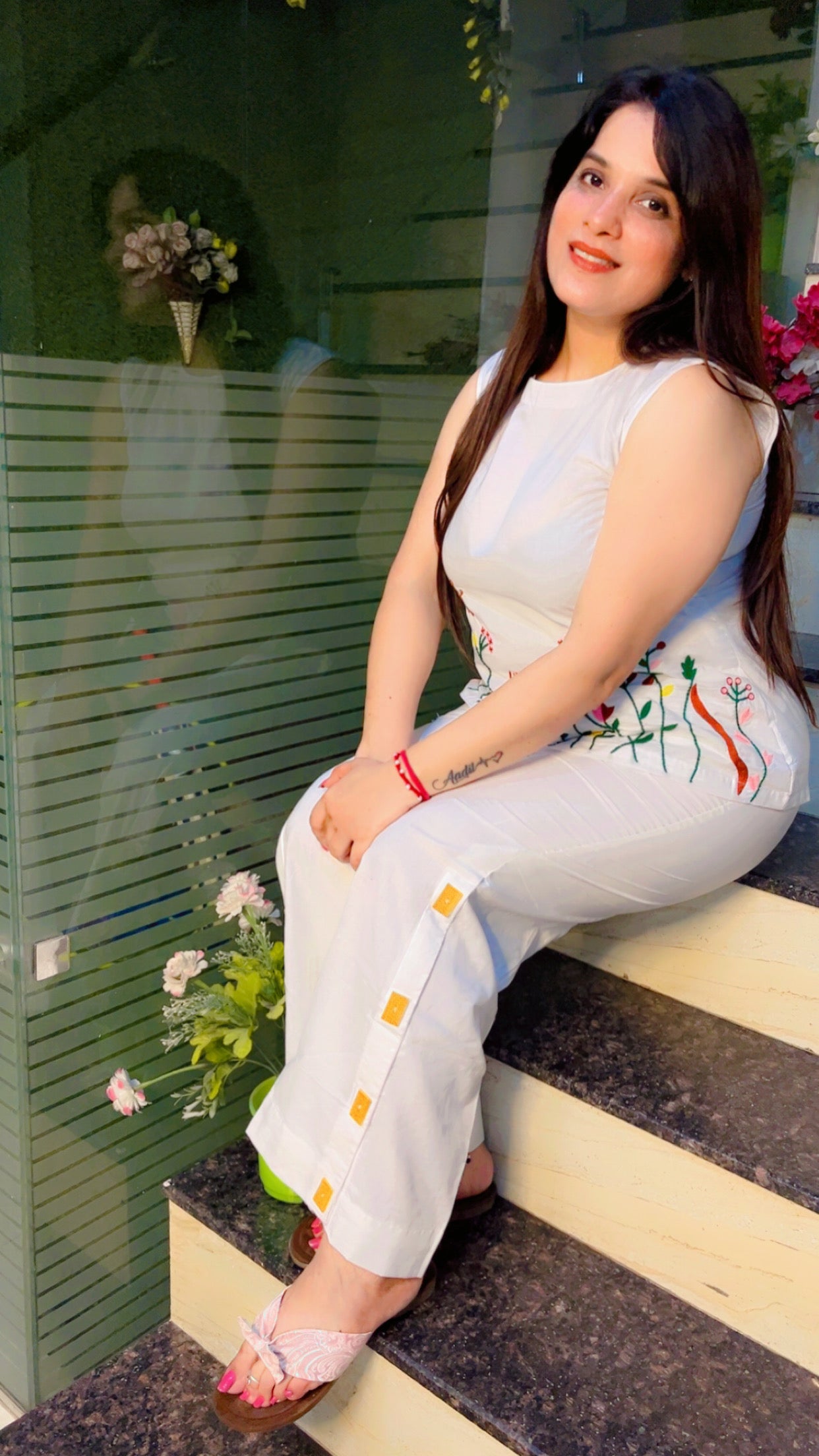 White Thread Embroidered Cotton Co-Ord Set