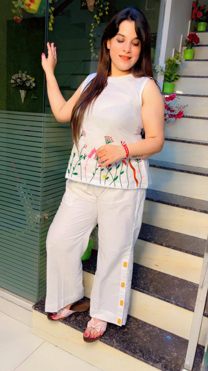 White Thread Embroidered Cotton Co-Ord Set