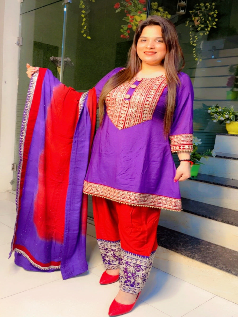 Purple A-Line Kurti With Straight Salwar And Dupatta Set (KSD026)