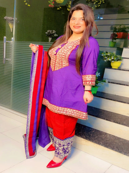 Purple A-Line Kurti With Straight Salwar And Dupatta Set (KSD026)