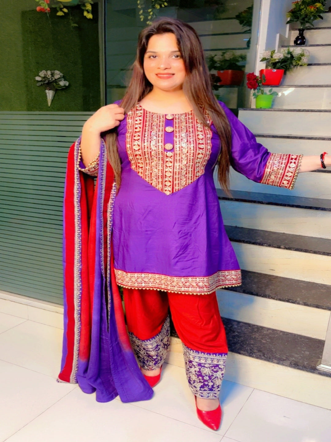 Purple A-Line Kurti With Straight Salwar And Dupatta Set (KSD026)