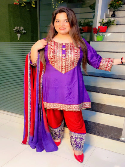 Purple A-Line Kurti With Straight Salwar And Dupatta Set (KSD026)