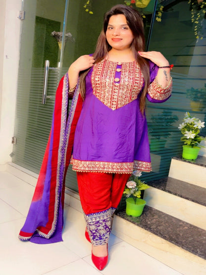 Purple A-Line Kurti With Straight Salwar And Dupatta Set (KSD026)