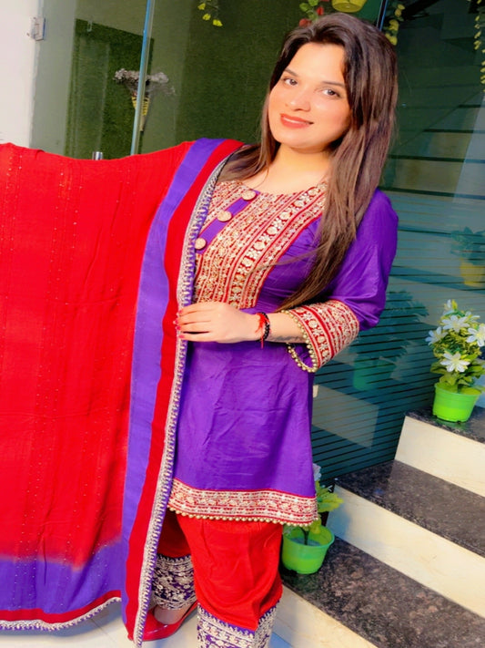 Purple A-Line Kurti With Straight Salwar And Dupatta Set (KSD026)