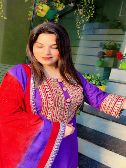 Purple A-Line Kurti With Straight Salwar And Dupatta Set (KSD026)