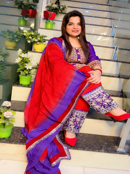 Purple A-Line Kurti With Straight Salwar And Dupatta Set (KSD026)
