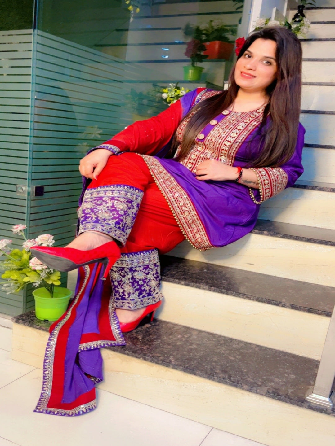 Purple A-Line Kurti With Straight Salwar And Dupatta Set (KSD026)