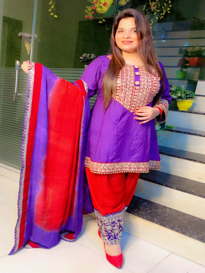 Purple A-Line Kurti With Straight Salwar And Dupatta Set (KSD026)