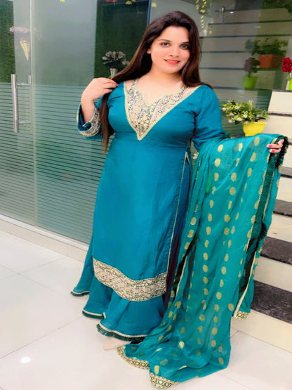 Dark Green Embroidered Palazzo Suit And Dupatta Set (KSD029)