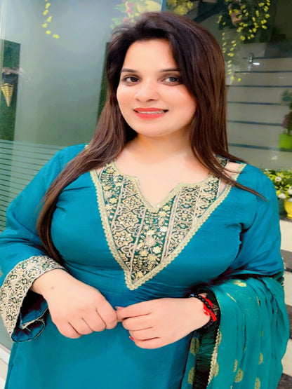 Dark Green Embroidered Palazzo Suit And Dupatta Set (KSD029)
