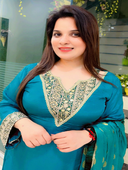 Dark Green Embroidered Palazzo Suit And Dupatta Set (KSD029)