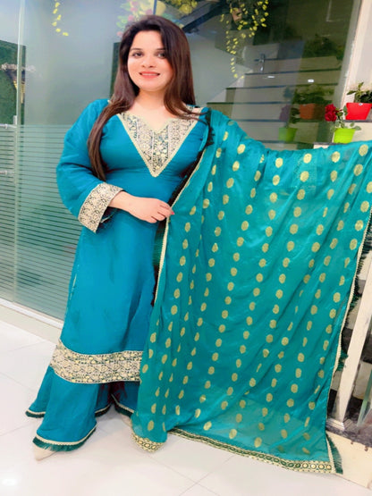 Dark Green Embroidered Palazzo Suit And Dupatta Set (KSD029)