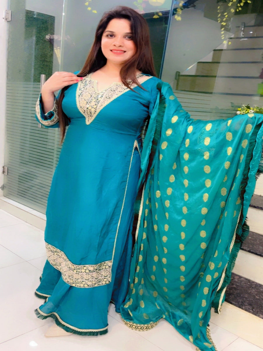 Dark Green Embroidered Palazzo Suit And Dupatta Set (KSD029)