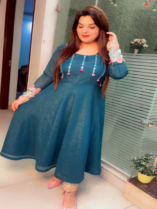 Peacock Mirror Worked Anarkali Suit With Pant And Dupatta Set (AKS001)