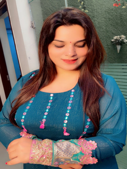 Peacock Mirror Worked Anarkali Suit With Pant And Dupatta Set (AKS001)