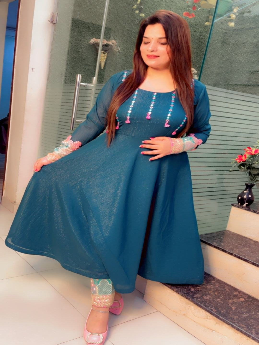 Peacock Mirror Worked Anarkali Suit With Pant And Dupatta Set (AKS001)