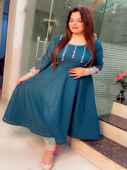 Peacock Mirror Worked Anarkali Suit With Pant And Dupatta Set (AKS001)