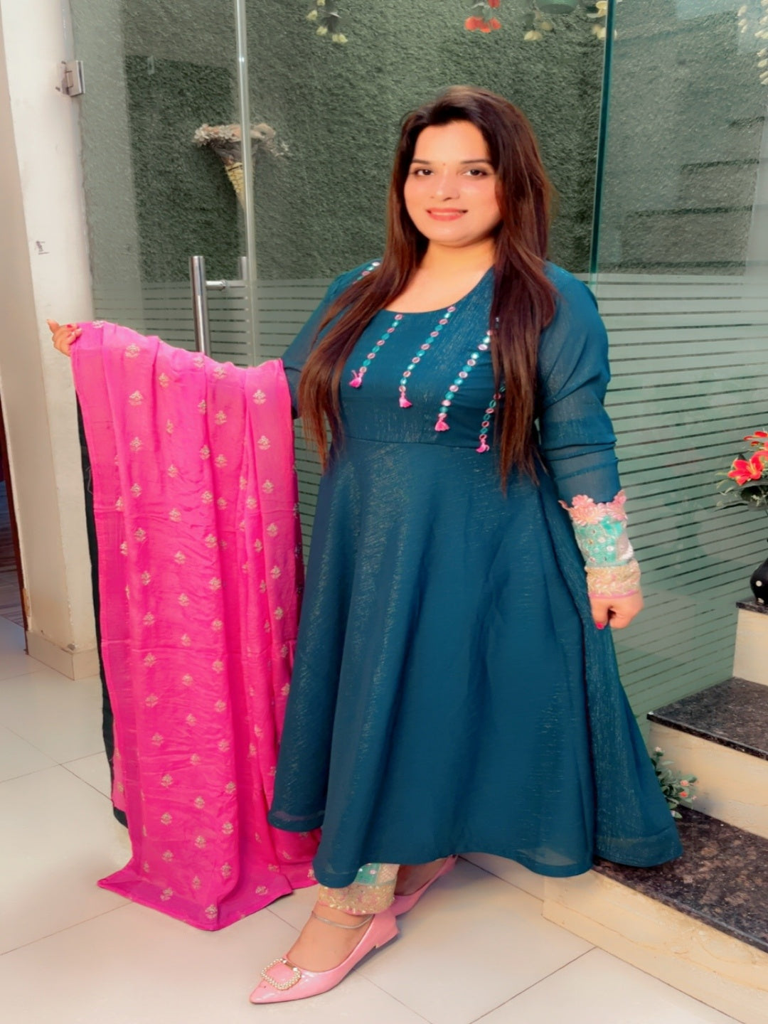 Peacock Mirror Worked Anarkali Suit With Pant And Dupatta Set (AKS001)