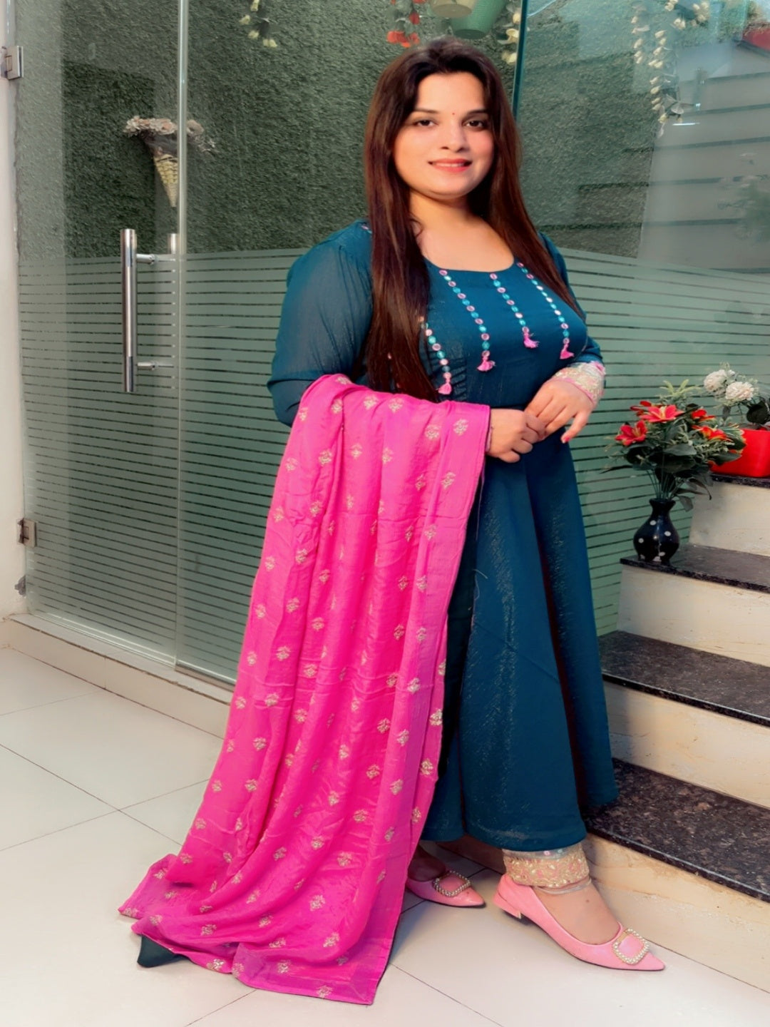 Peacock Mirror Worked Anarkali Suit With Pant And Dupatta Set (AKS001)