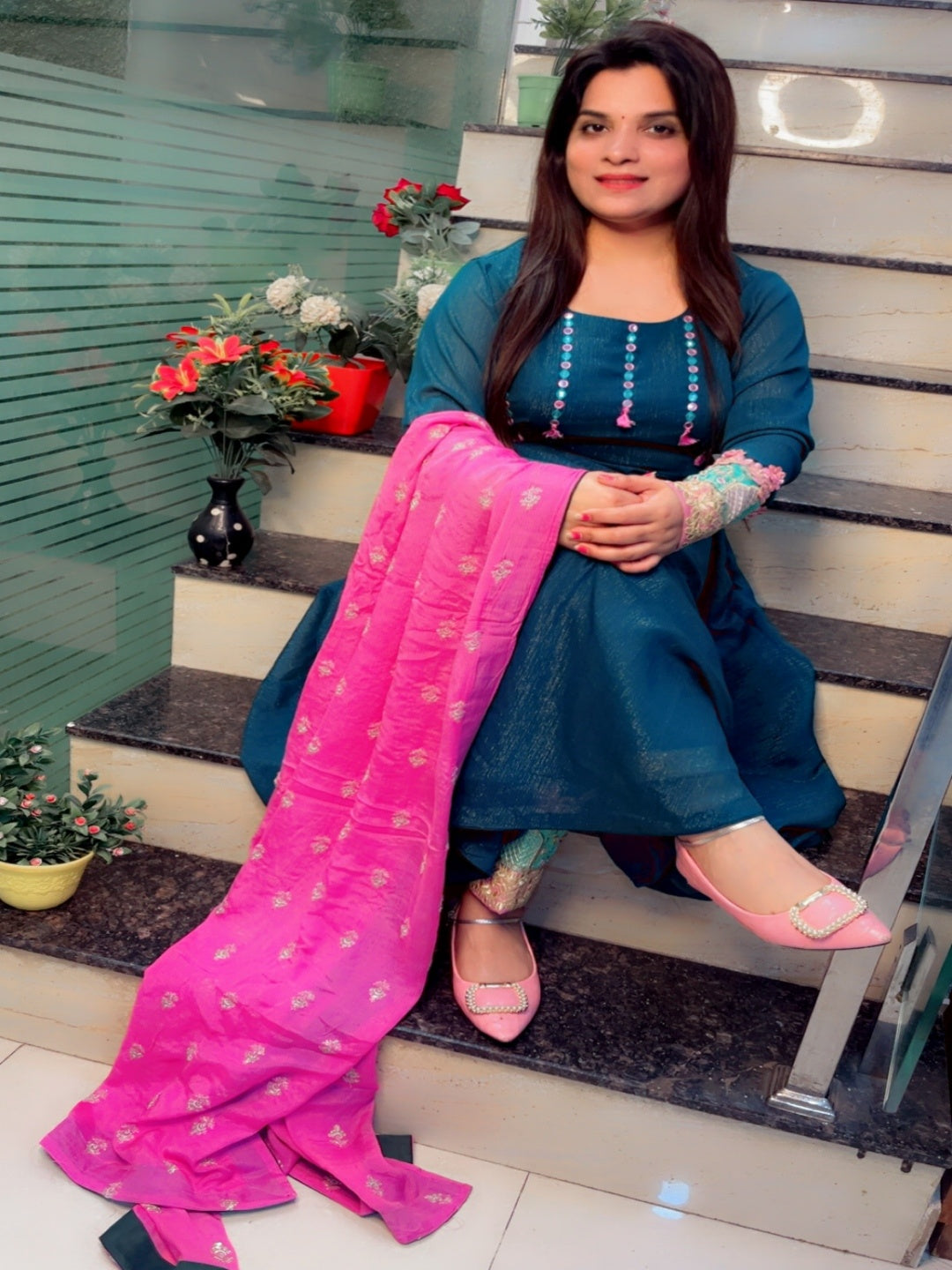 Peacock Mirror Worked Anarkali Suit With Pant And Dupatta Set (AKS001)