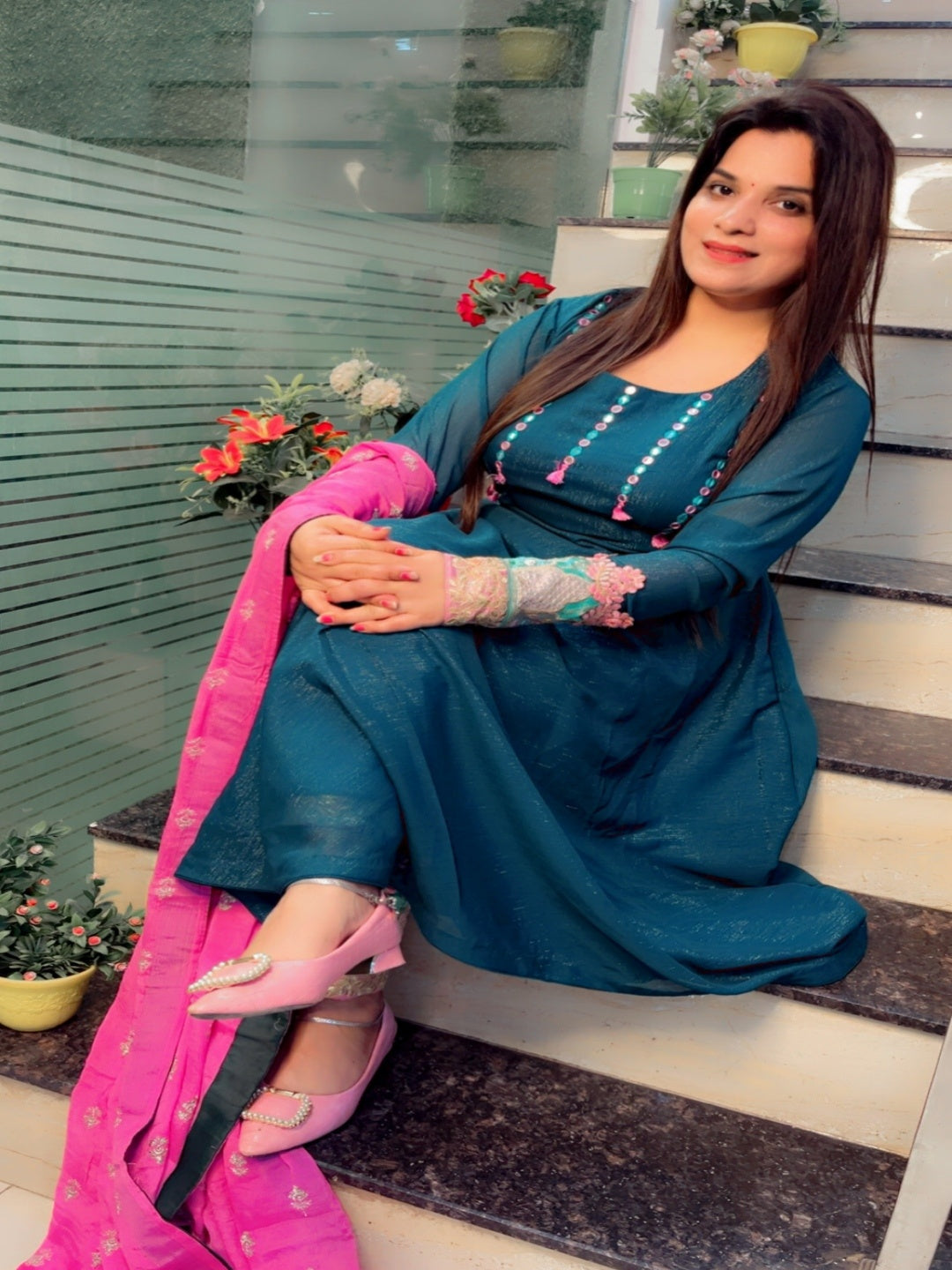 Peacock Mirror Worked Anarkali Suit With Pant And Dupatta Set (AKS001)