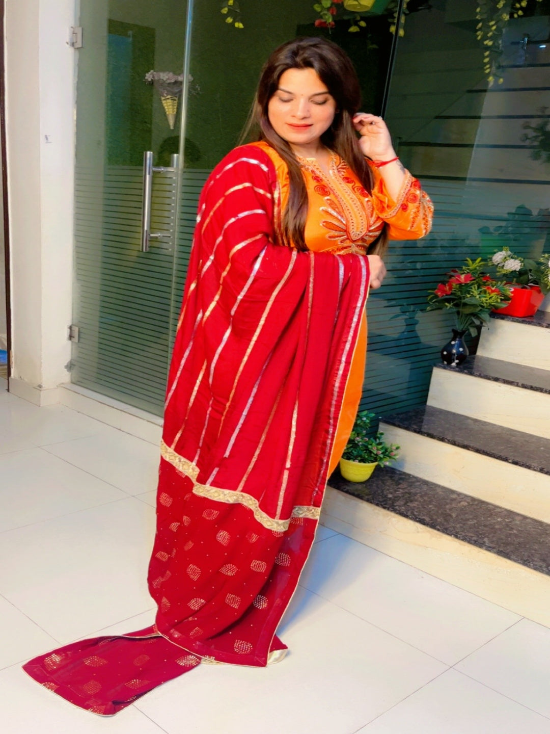 Orange Embroidered Farshi Salwar Suit And Dupatta Set (KSD028)