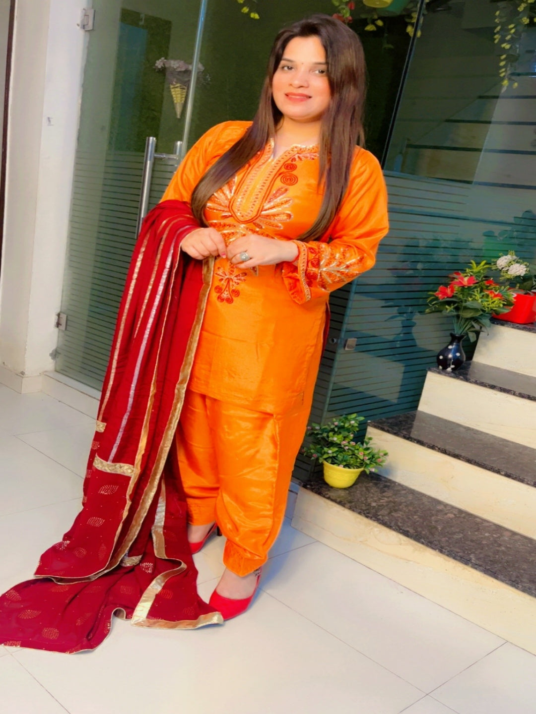 Orange Embroidered Farshi Salwar Suit And Dupatta Set (KSD028)