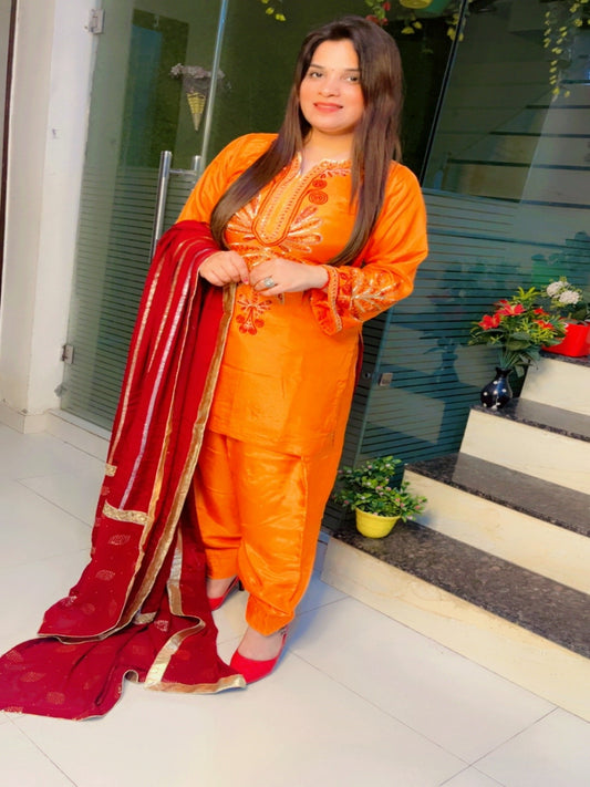 Orange Embroidered Farshi Salwar Suit And Dupatta Set (KSD028)