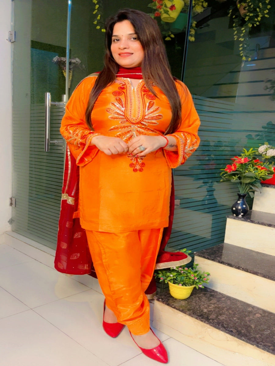 Orange Embroidered Farshi Salwar Suit And Dupatta Set (KSD028)