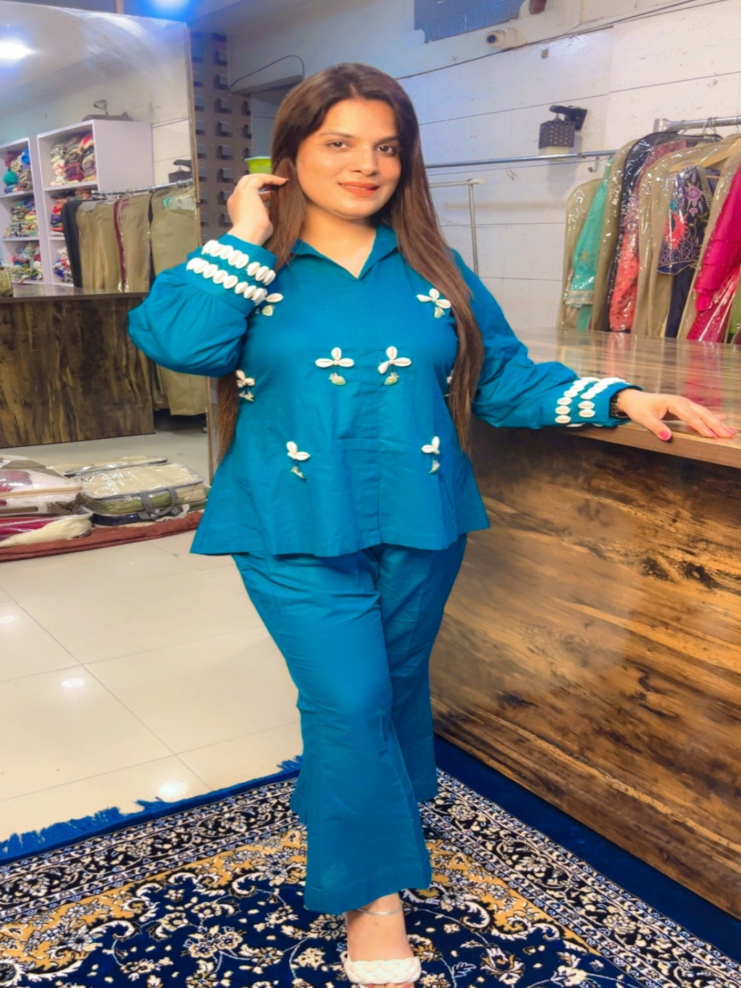 Peacock Embroidered Co-ord Set With Shells (CS025)