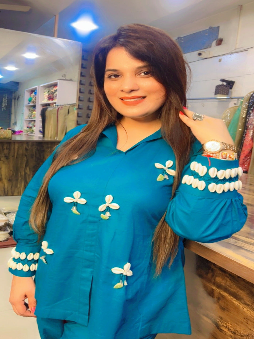 Peacock Embroidered Co-ord Set With Shells (CS025)
