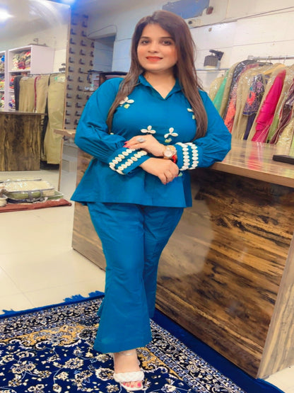 Peacock Embroidered Co-ord Set With Shells (CS025)