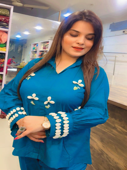 Peacock Embroidered Co-ord Set With Shells (CS025)