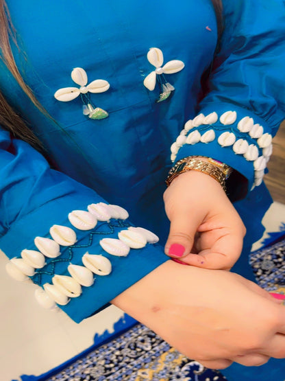 Peacock Embroidered Co-ord Set With Shells (CS025)