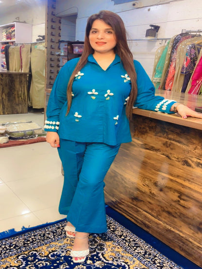 Peacock Embroidered Co-ord Set With Shells (CS025)