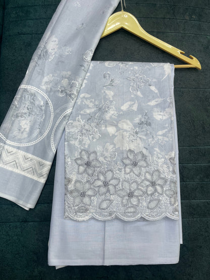 Light Grey Pure Cotton Unstitched Suit With Dupatta for Women (US001)