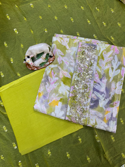 Green Floral Print Pure Cotton Unstitched Suit With Chiffon Dupatta (US002)