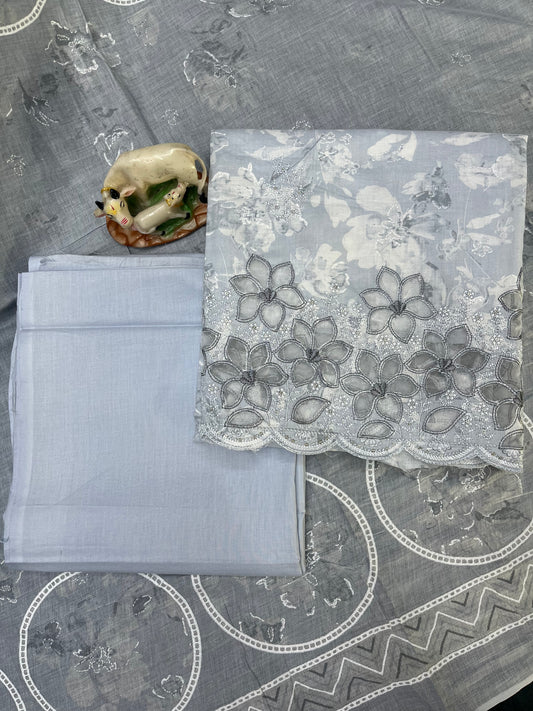 Light Grey Pure Cotton Unstitched Suit With Dupatta for Women (US001)
