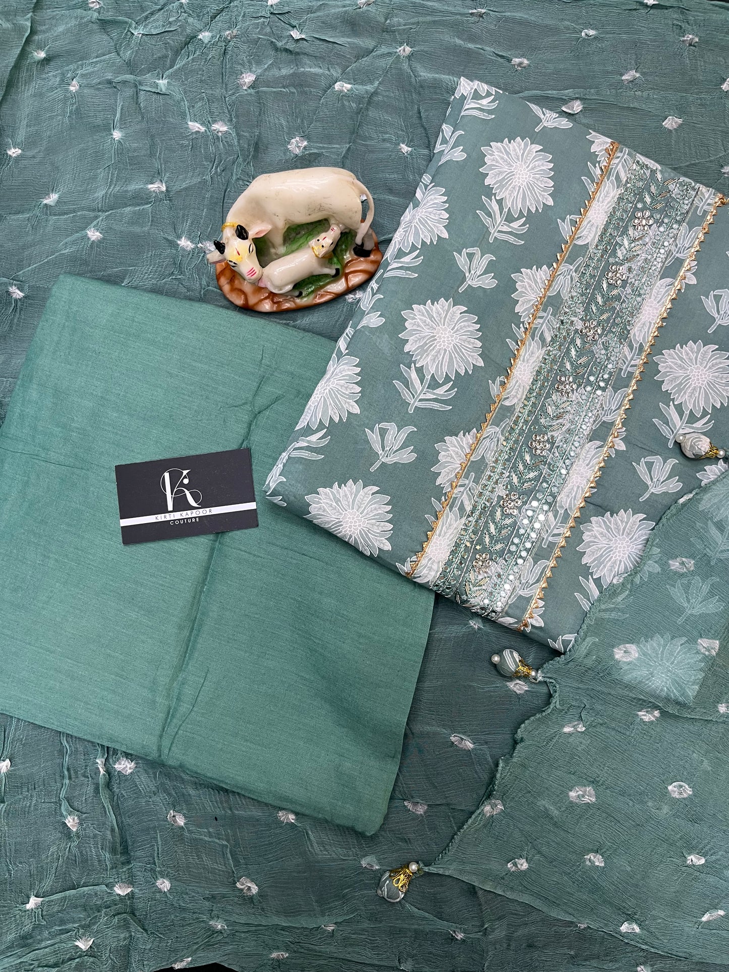 Sea Green Floral Print Pure Cotton Unstitched Suit With Chiffon Dupatta (US005)
