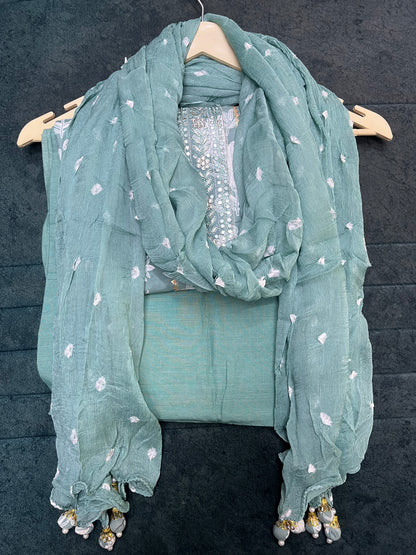 Sea Green Floral Print Pure Cotton Unstitched Suit With Chiffon Dupatta (US005)
