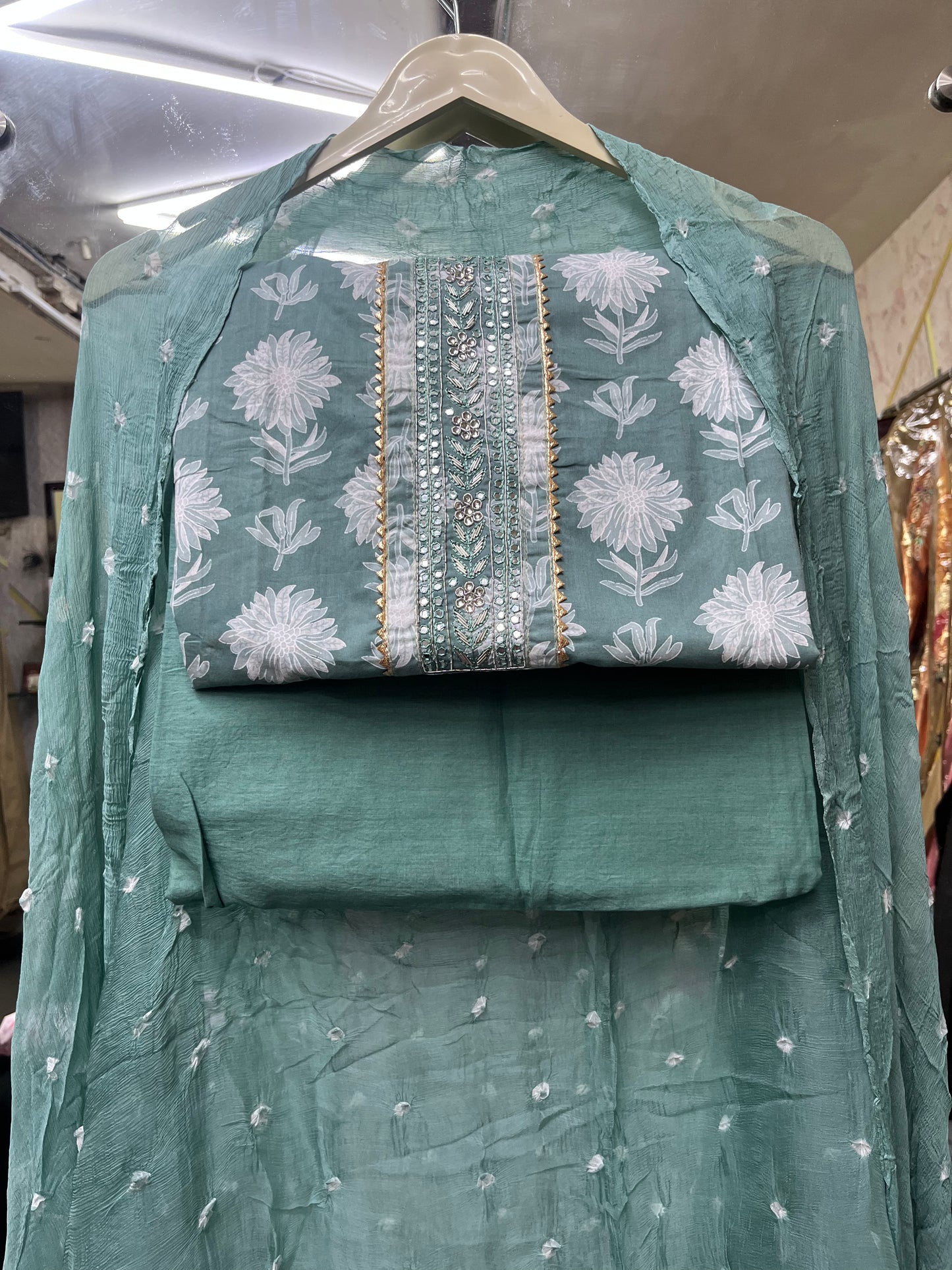 Sea Green Floral Print Pure Cotton Unstitched Suit With Chiffon Dupatta (US005)